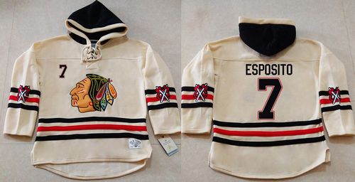 Blackhawks #7 Tony Esposito Cream Heavyweight Pullover Hoodie Stitched NHL Jersey - Click Image to Close